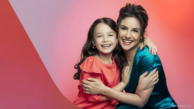 A portrait of a happy mother and daughter at studio on living coral background trendy colors