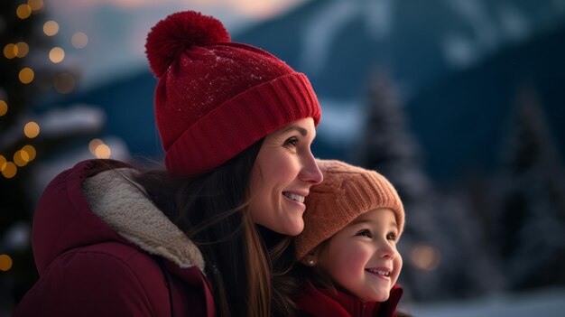 Photo portrait of a happy mother and her little daughter celebrating christmas