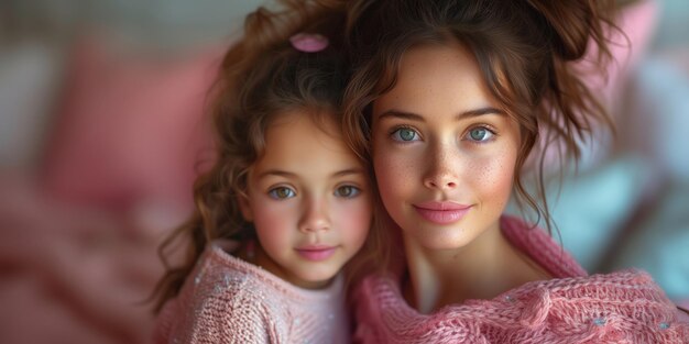 Portrait of happy mother and her little daughter together on Mothers Day in bedroom at home