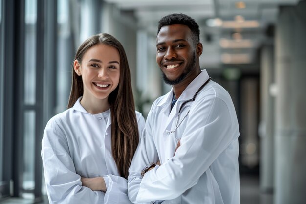 Photo portrait of happy multi ethnic business couple posing to camera