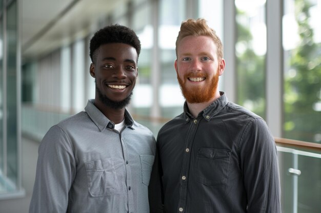 Photo portrait of happy multi ethnic business couple posing to camera