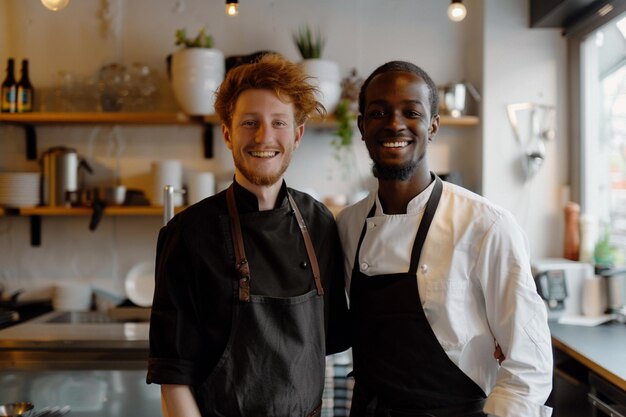 Photo portrait of happy multi ethnic business couple posing to camera