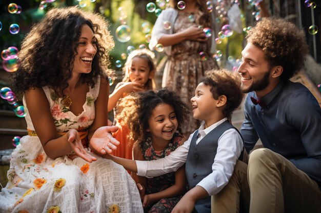 Portrait of happy multiethnic family spending time together outdoors Laughing children and parents at family holiday soap bubbles