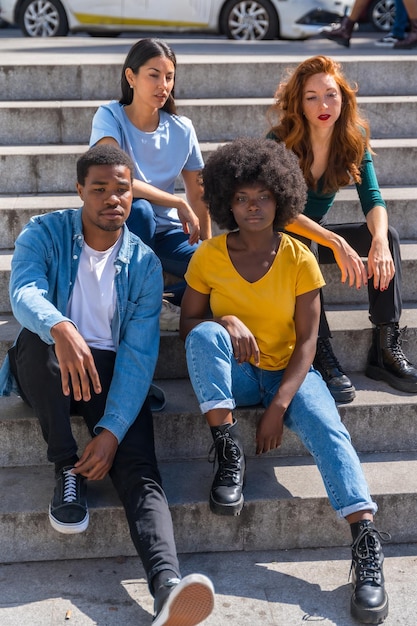 Portrait of happy multiethnic friends sitting on stairs in the city young models