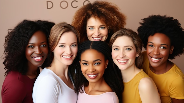 Photo portrait of a happy multiethnic group of smiling female friends