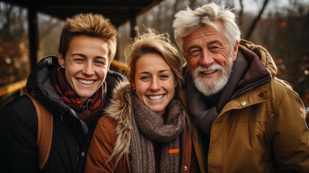 カメラに向かって微笑む3人の幸せな多世代家族のポートレート、祖父と娘たち