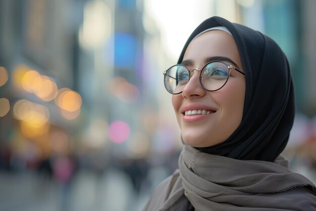 Portrait of happy muslim woman smiling and enjoying moment in the city