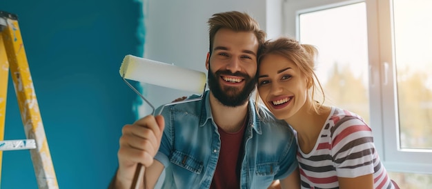 Portrait happy new married couple making renovation painting the walls their new house AI generated