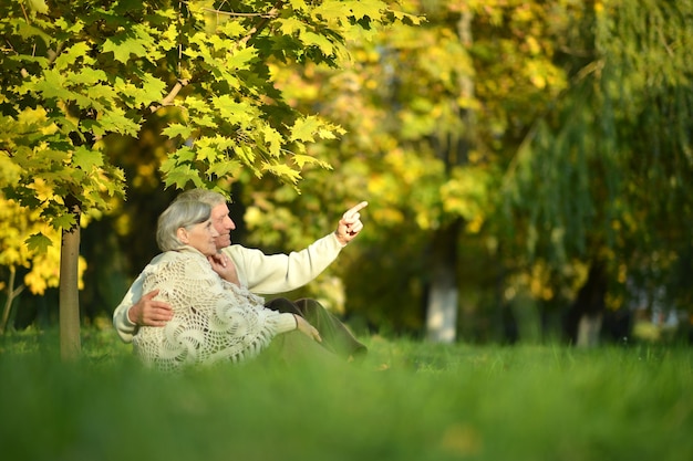 Portrait of happy old couple at autumn park