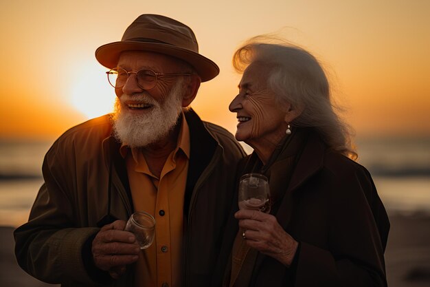 ゴールデンアワーの日没生成aiの間に休む幸せな年配の夫婦のポートレート