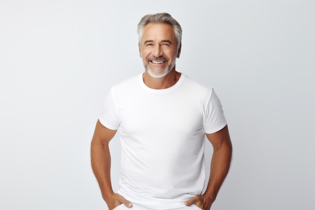 Portrait of a happy older man hands relaxed in pockets presenting a white mockup tshirt