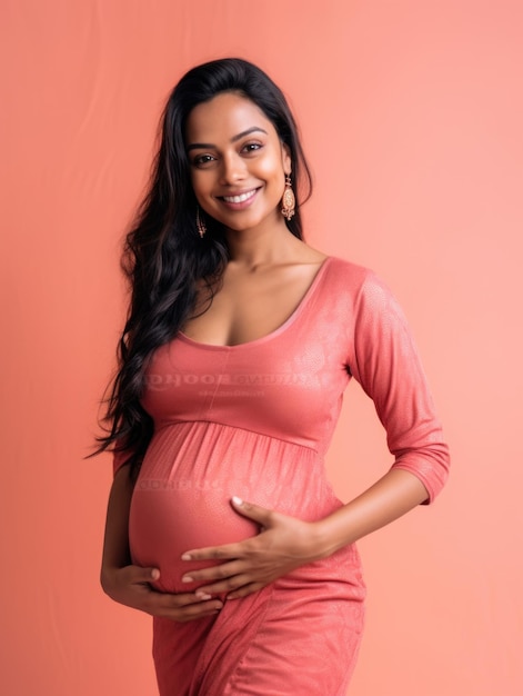 Photo portrait of a happy pregnant indian woman touching her belly