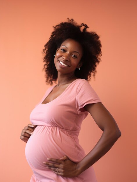 Photo portrait of a happy pregnant woman touching her belly