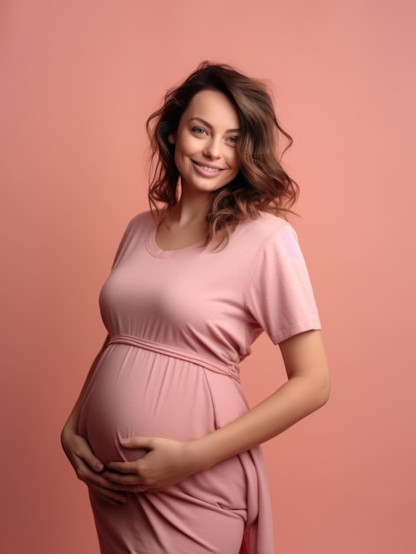 Portrait of a happy pregnant woman touching her belly