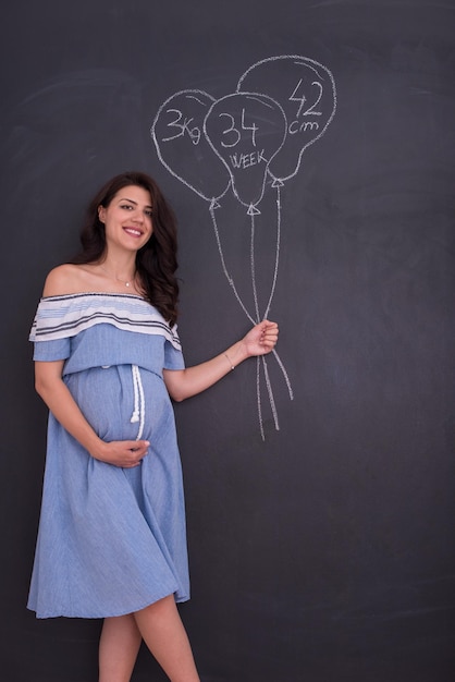 Photo portrait of happy pregnant woman with hands on belly in front of black chalkboard