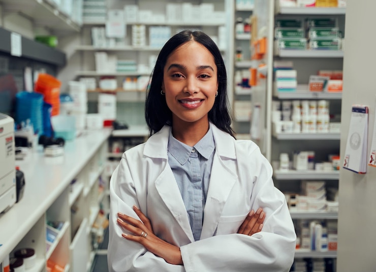 Photo portrait of happy professional female pharmacist in chemist