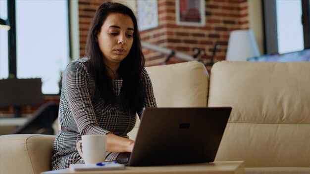 Photo portrait of happy remote worker enjoying stay at home freelancing job