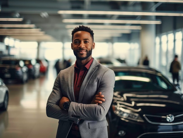 Portrait of a happy salesperson standing in a car dealershipGenerated by AI