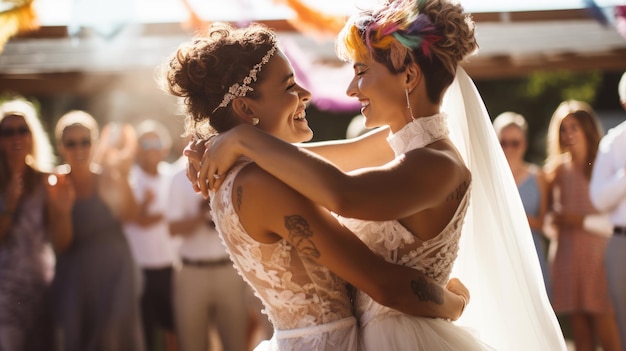 Photo portrait of a happy samesex lgbt couple during their wedding created with generative ai technology