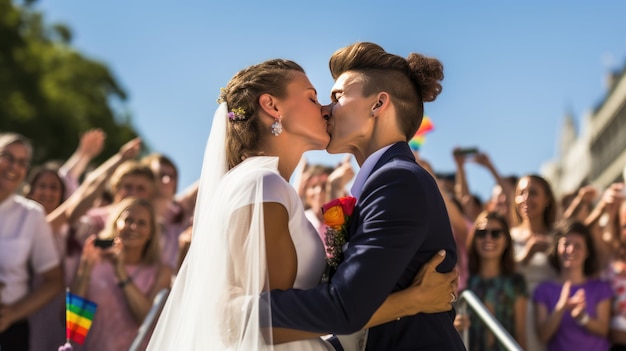 Portrait of a happy samesex lgbt couple kissing during their wedding Created with Generative AI technology