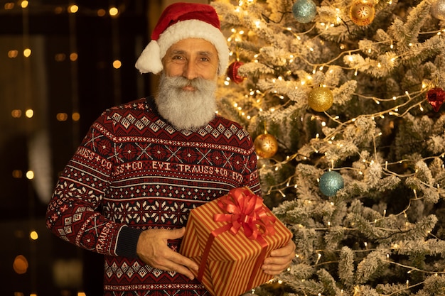 Portrait of happy Santa Claus sitting at his room at home near Christmas tree.