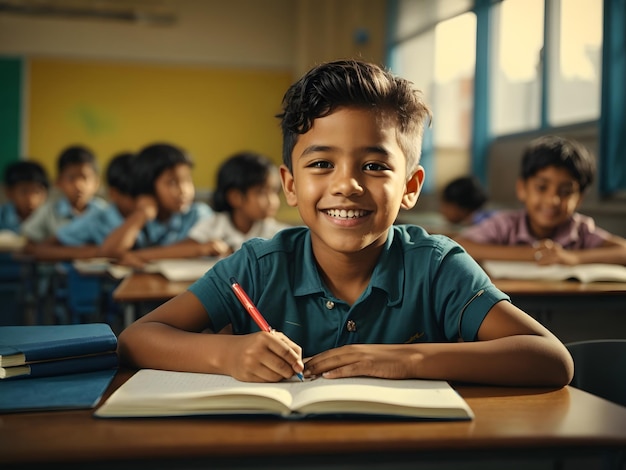 Portrait of happy school child sitting at desk in classroom