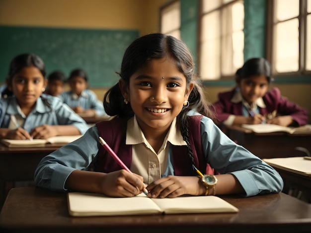 Portrait of happy school child sitting at desk in classroom