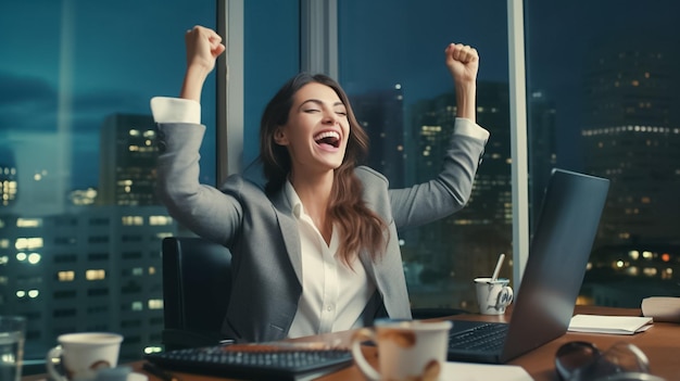 Portrait of happy screaming businesswoman with smart phone on hand in officeAI Generated