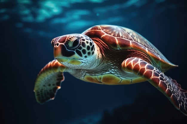 Portrait of a happy sea turtle swimming underwater AI generated image