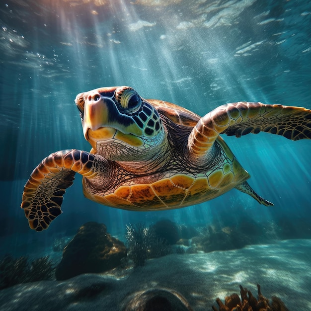 Portrait of a happy sea turtle swimming underwater Generative ai