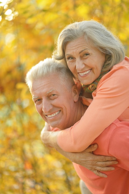 秋の公園で幸せな年配のカップルの肖像画
