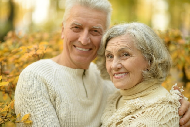 Portrait of a happy senior couple in autumn park