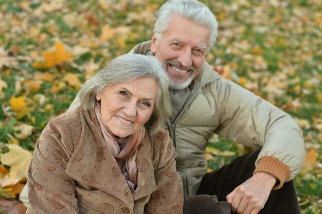 Portrait of a happy senior couple in autumn park