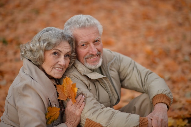 Portrait of a happy senior couple in autumn park