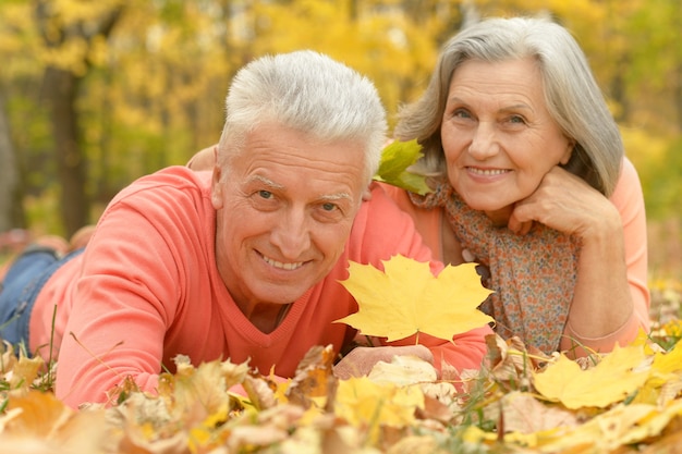 Portrait of a happy senior couple in autumn park