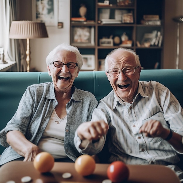 Портрет счастливой пожилой пары, играющей в настольную игру и взволнованной во время игры в гостиной на пенсии