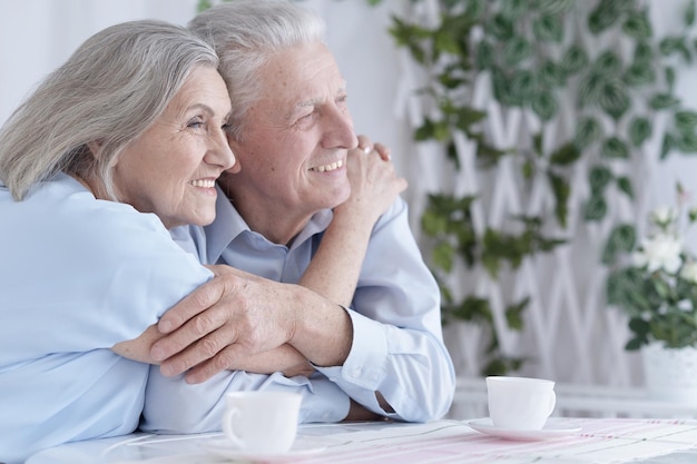 Portrait of happy senior couple drinking tea and posing