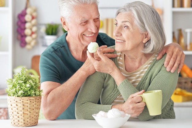 Portrait of a happy senior couple drinking tea