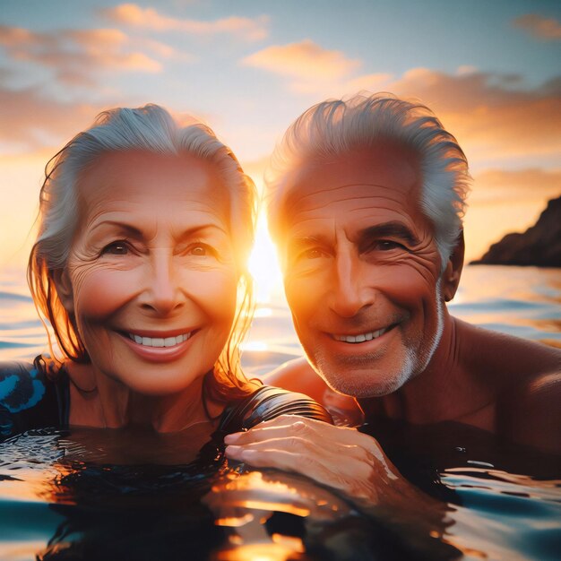 Портрет счастливой старшей пары, веселящейся в бассейне на закате
