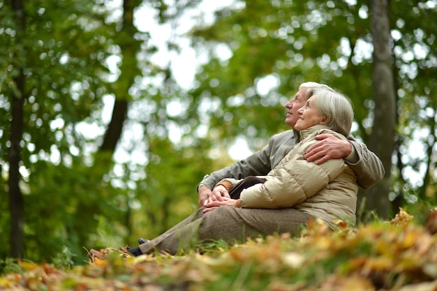 Portrait of happy senior couple hugging in park