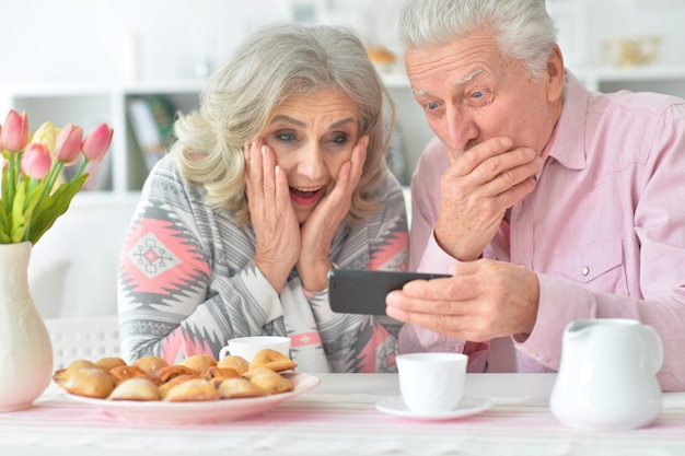 Portrait of happy senior couple looking at smartphone