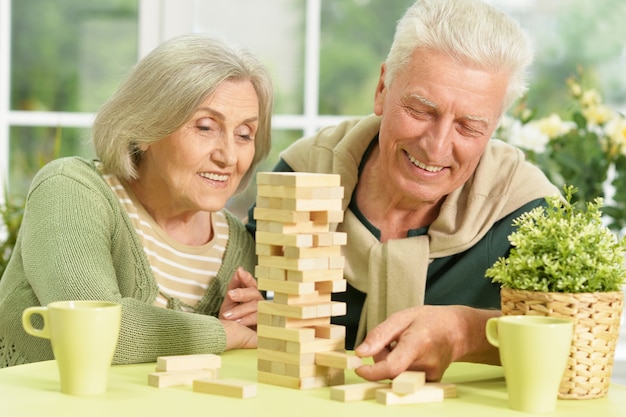 自宅でテーブルゲームで遊ぶ幸せな年配のカップルの肖像画