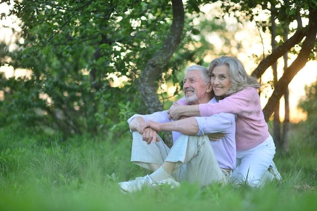 Portrait of happy senior couple resting in spring park