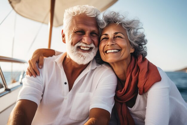 海のヨットに座っている幸せな年配の夫婦の肖像画