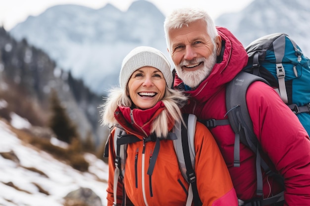 Портрет счастливой старшей пары с рюкзаками, смотрящей на камеру в горах