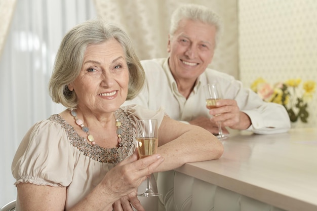 Портрет счастливой пожилой пары с вином