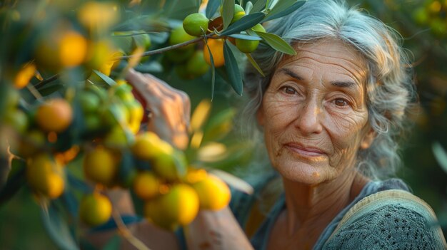 Photo portrait of a happy senior greek woman harvesting oranges in the orchard