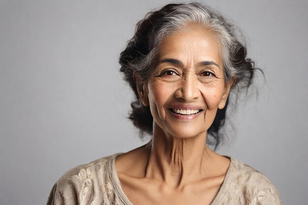 Portrait of happy senior Indian woman smiling at camera on gray background