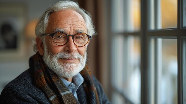 Portrait of a Happy Senior Man with Glasses and a Scarf Indoors Exuding Warmth and Wisdom