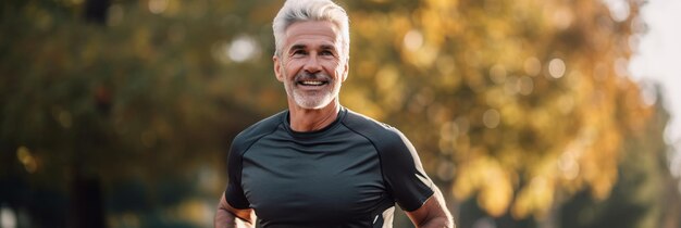 Portrait of happy senior man with grey hair and beard in sportswear